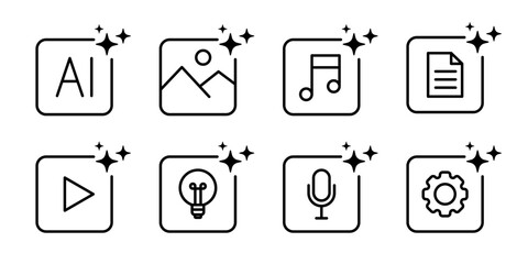 Generate AI icon set. Artificial intelligence buttons for image, video, audio, text, etc. Vector