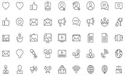 Set of social media icons heart, like, profile, notifications, mail, megaphone, chat, sharing and more