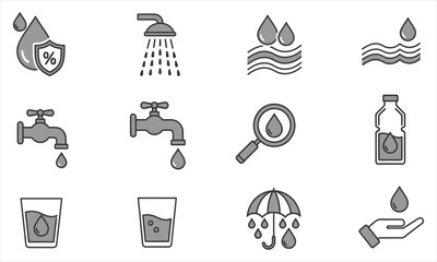 Comprehensive Water Management and Conservation Icons Set - Purity, Hydration, and Sustainability Graphic Symbols for Clean Water Resources
