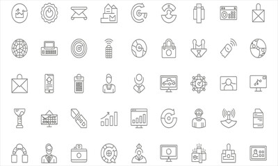 Vector line art icons collection for modern business, technology, and internet services. Essential graphic elements for user interfaces and digital applications, featuring diverse concepts