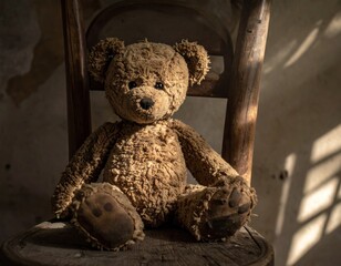 Close-up of a weathered teddy bear seated on an aged wooden chair