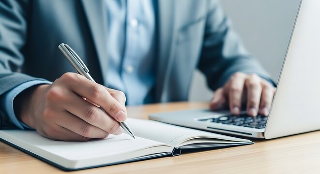 close up of businessman working on laptop