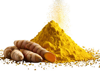 Turmeric powder falling isolated on transparent background