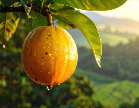 Close-up of a yellow fruit, glistening with water droplets, in nature