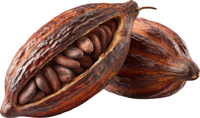 Cocoa pod, brown shell, and cocoa beans inside, isolated on transparency background