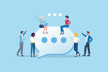 Diverse group of people collaborating and communicating around a large speech bubble with dots representing conversation