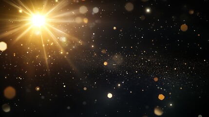 Golden Bokeh Particles  Bright Light Rays on Dark Background