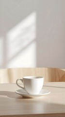Fototapeta premium White Ceramic Cup on Glossy Table with Soft Natural Light in Minimal Interior