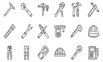 Set of industrial and construction tool icons. Engineering and mechanical repair equipment in thin line art style. Vector outline symbols 9
