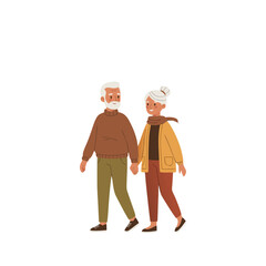 Elderly Couple Walking Together Holding Hands In A City With Buildings In The Background Drawn In A Clean Flat Vector Style