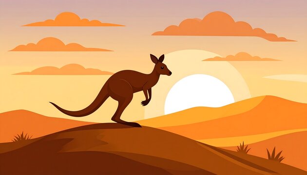 Illustration of a kangaroo in the outback desert landscape at sunset or sunrise