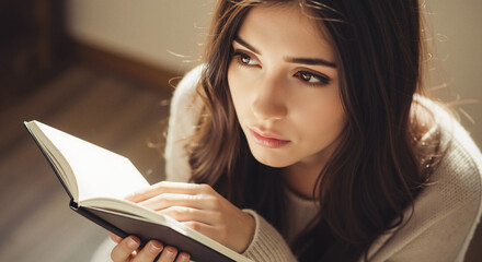 A pensive woman reading a book looks up, caught in a moment of quiet reflection in soft sunlight, creating a calm mood.