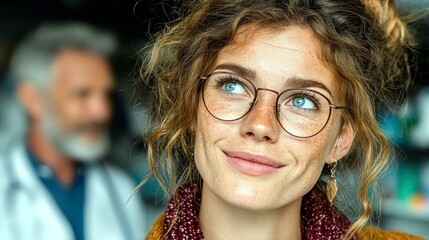 A young woman with freckles and blue eyes, wearing glasses and looking up thoughtfully, with a blurred older man in a white lab coat behind her.