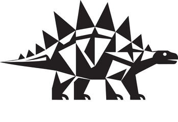 Geometric stegosaurus dinosaur silhouette with sharp spikes and plates in black and white