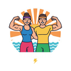 Fit Man And Woman Flexing Biceps In Front Of Sunset Mountains And Ocean With Strength Text And Lightning Bolt Graphic In Flat Design Style