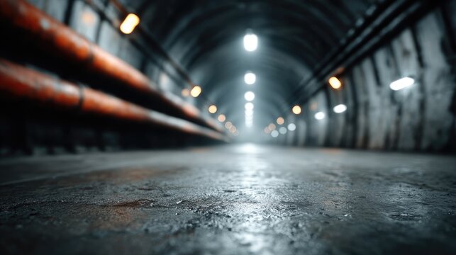 Illuminated Underground Tunnel with Wet Concrete Floor and Industrial Pipes