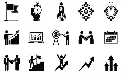Black Business Success Icons Set Goal, Time, Startup, Team, Growth