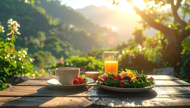 Sunny outdoor breakfast table with a cup of coffee, juice, and salad against a green mountain backdrop