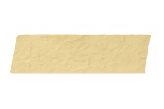 Wrinkled beige masking tape strip with rough edges, creating a sticky note label texture on transparent background