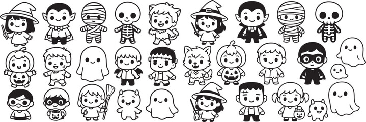 Collection of cute hand drawn cartoon halloween characters and ghosts in black and white outline style