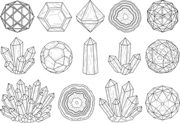 Geometric crystal gem stone line art vector illustration set design eps silhouette
