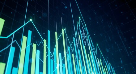 Futuristic digital financial data visualization with glowing bars and lines