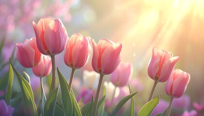 Sunlit pink tulips in bloom with soft focus, creating a serene garden scene bathed in golden light