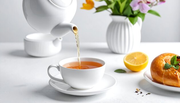 Pouring Tea into a Cup with Lemon and Pastry.