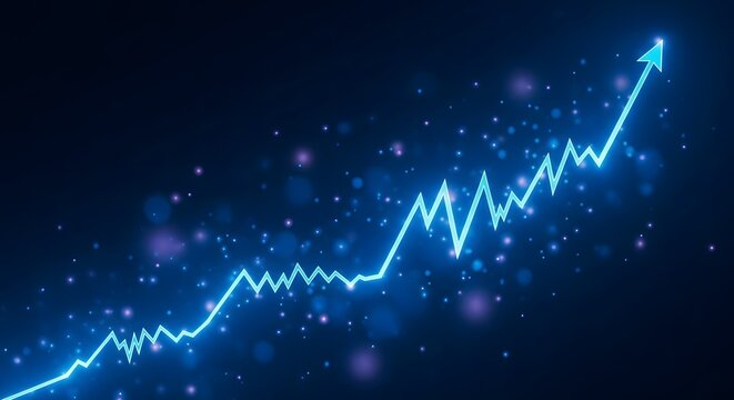 Bright blue glowing line graph showing upward trend with arrow and bokeh effect