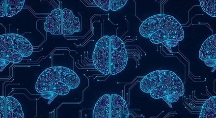 Seamless pattern of glowing blue digital brains on a dark circuit board background