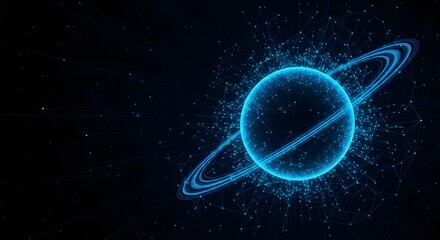 Glowing blue planet with rings and cosmic dust in deep space
