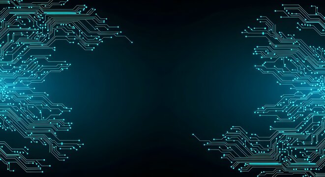 Abstract glowing blue circuit board pattern on a dark background