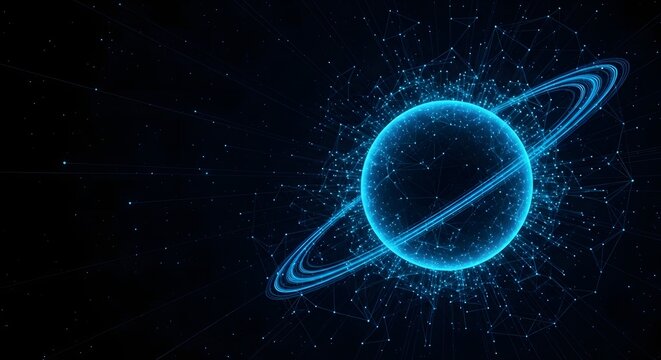 Glowing blue planet with rings and cosmic dust in deep space