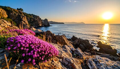 Sunlit rocky coast with vibrant pink flowers overlooking a calm sea against a mountain backdrop and clear sky