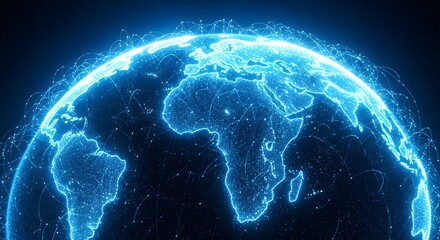 Glowing blue digital earth globe with bright light trails and data streams