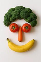 several fruits and vegetables arranged to form a face