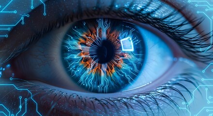 Close up of a futuristic blue eye with digital circuit patterns reflected in the iris