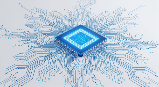 Abstract glowing blue diamond shaped processor chip at the center of a complex digital circuit board network - Powered by Adobe