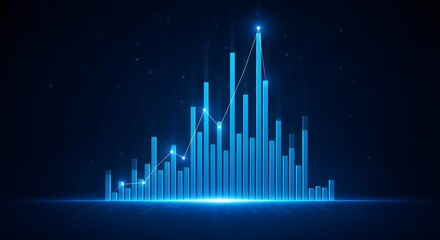 Abstract glowing blue digital bar graph representing financial growth and data analysis