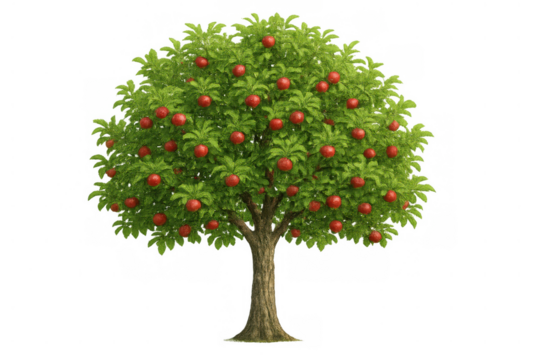 Apple tree full of red apples, symbolizing harvest, growth, and sustainable agriculture, transparent background
