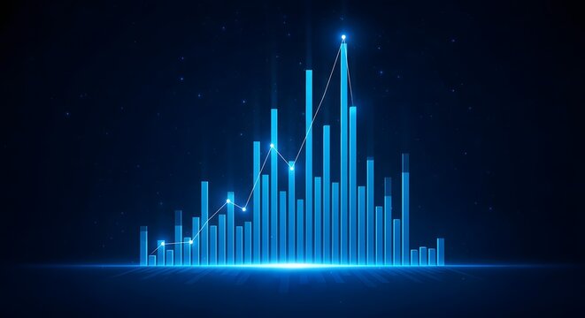 Abstract glowing blue digital bar graph representing financial growth and data analysis