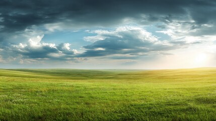 Obraz premium Lush Green Field Under Dramatic Cloudy Sky at Sunset with Gentle Light and Expansive Horizon, Natural Landscape Perfect for Peaceful Moments and Relaxation