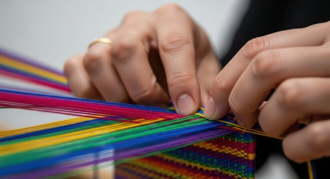 Close-up of hands weaving colorful threads on a loom with a shallow depth of field, conveying a creative and focused mood.