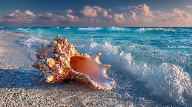 A textured conch shell rests gently on sandy shore as ocean waves splash near it - Powered by Adobe