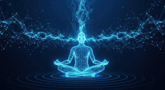 Abstract blue glowing human silhouette meditating in lotus pose with energy emanating upwards and outwards