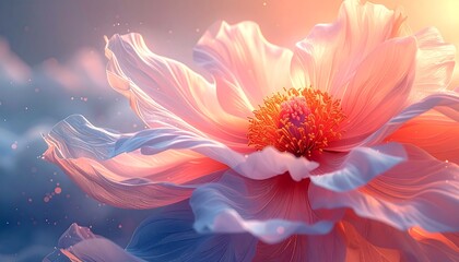 Soft, peach-hued flower blooms against a hazy, dreamlike background bathed in warm, golden sunlight