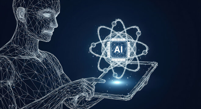 Futuristic digital human figure holding a tablet displaying an ai chip within an atomic structure