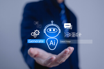 Businessman holding glowing AI chatbot icon with text generate, symbolizing artificial intelligence, automation, digital assistant, innovation, and modern machine learning technology in business.