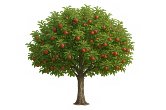 Apple tree full of red fruit, green leaves, natural harvest, agriculture growing organic food isolated