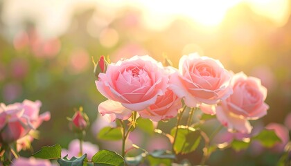 Soft pink roses bloom in warm, golden sunlight, with a dreamy, blurred background of similar flowers